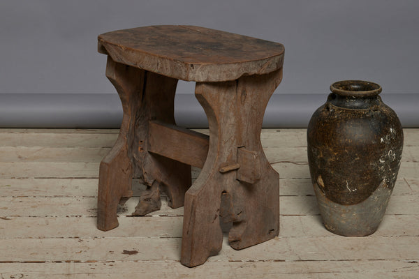 Javanese Dutch Colonial Teak Arts & Crafts Teak Stool with Stretcher Base