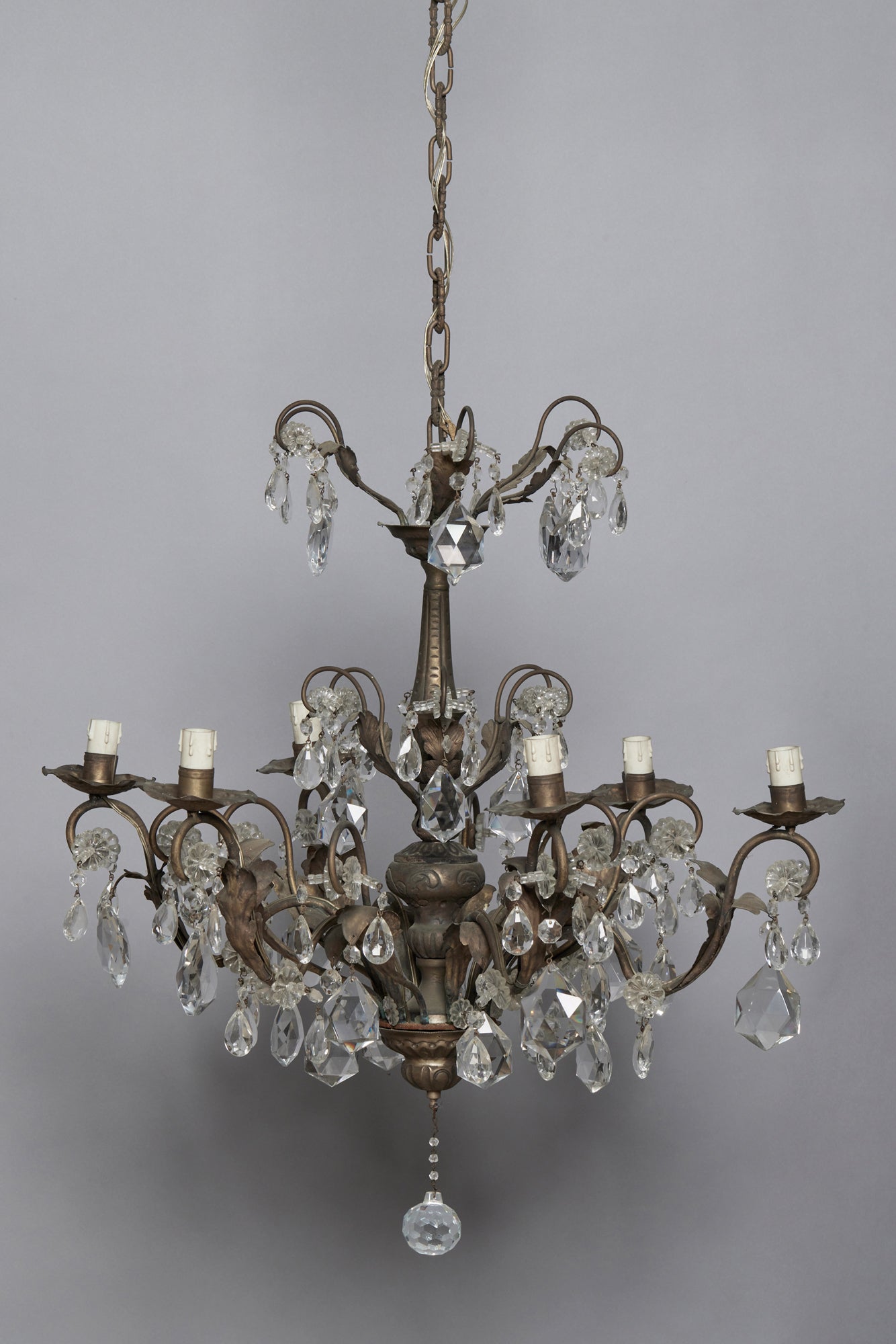 Six Arm Spanish Repoussé Crystal & Hammered Brass Chandelier