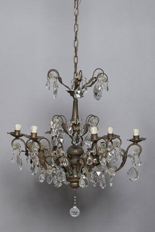 Six Arm Spanish Repoussé Crystal & Hammered Brass Chandelier