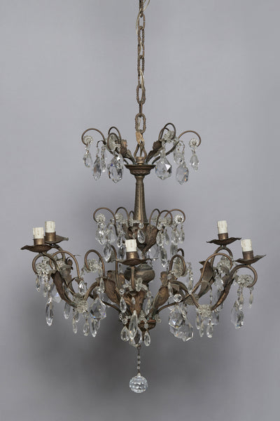 Six Arm Spanish Repoussé Crystal & Hammered Brass Chandelier