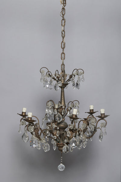 Six Arm Spanish Repoussé Crystal & Hammered Brass Chandelier