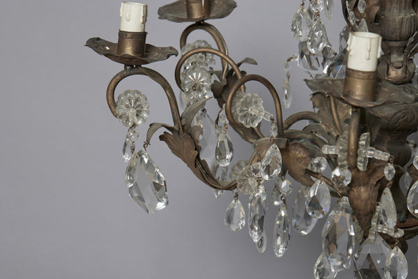 Six Arm Spanish Repoussé Crystal & Hammered Brass Chandelier