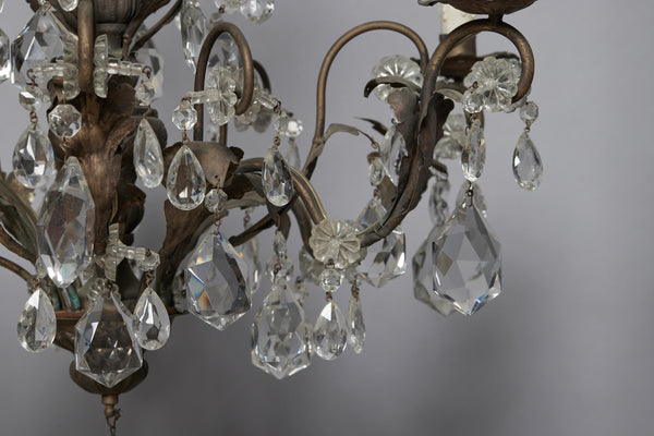 Six Arm Spanish Repoussé Crystal & Hammered Brass Chandelier