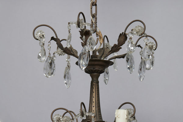 Six Arm Spanish Repoussé Crystal & Hammered Brass Chandelier