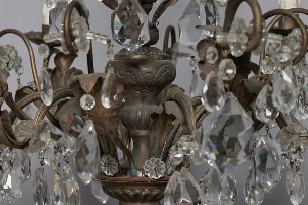 Six Arm Spanish Repoussé Crystal & Hammered Brass Chandelier