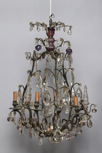 French Six Arm Bronze Chandelier with Amethyst Colored Fruit