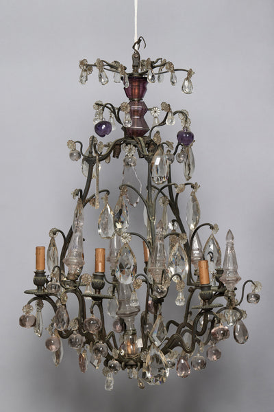 French Six Arm Bronze Chandelier with Amethyst Colored Fruit