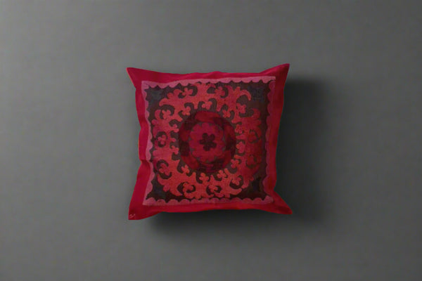 Hand-Embroidered Deep Cherry Susani Flower Pillow