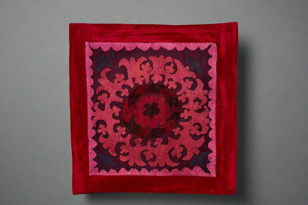 Hand-Embroidered Deep Cherry Susani Flower Pillow