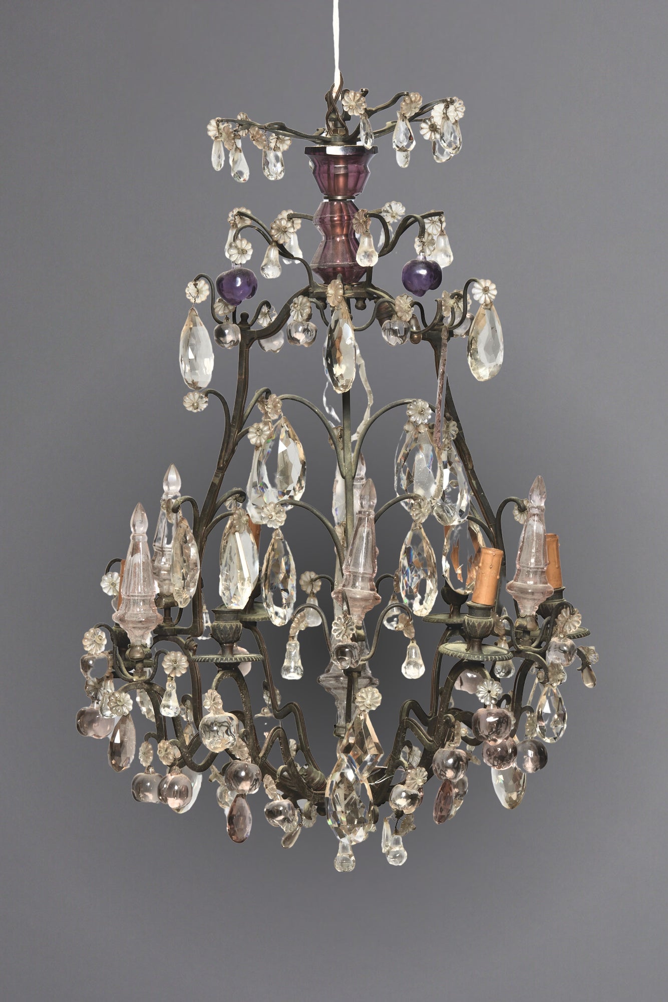 French Six Arm Bronze Chandelier with Amethyst Colored Fruit