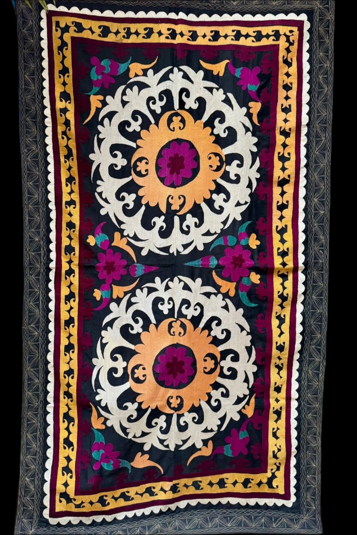 Purple Flower Rectangular Suzani on Black Quilted Ground