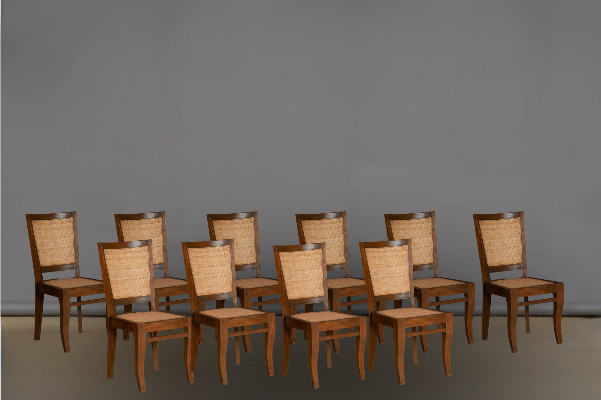 Set of 10 Teak & Rattan Side Chairs