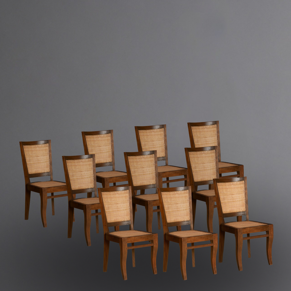 Set of 10 Teak & Rattan Side Chairs