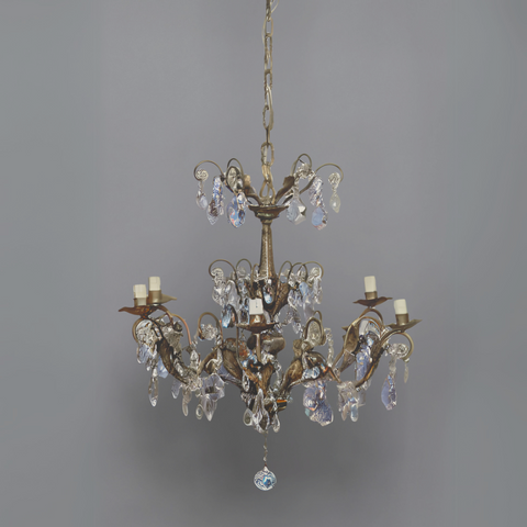 Six Arm Spanish Crystal  & Repoussé Brass Chandelier