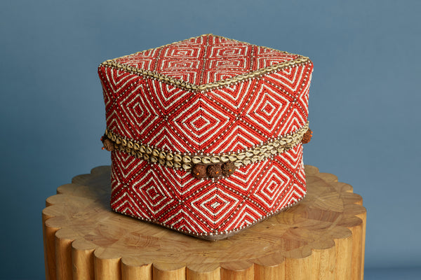 Medium Sized Red & White Beaded Box from Sumatra