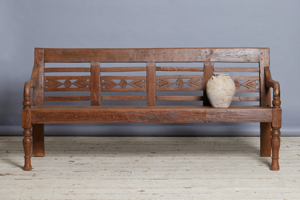 Shallow Seat 19th Century Dutch Colonial Teak Bench with Carved Back