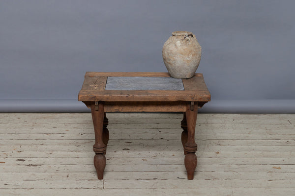Square Teak Coffee Table with Single Inset Piece of 17th Century Belgian Blue Stone