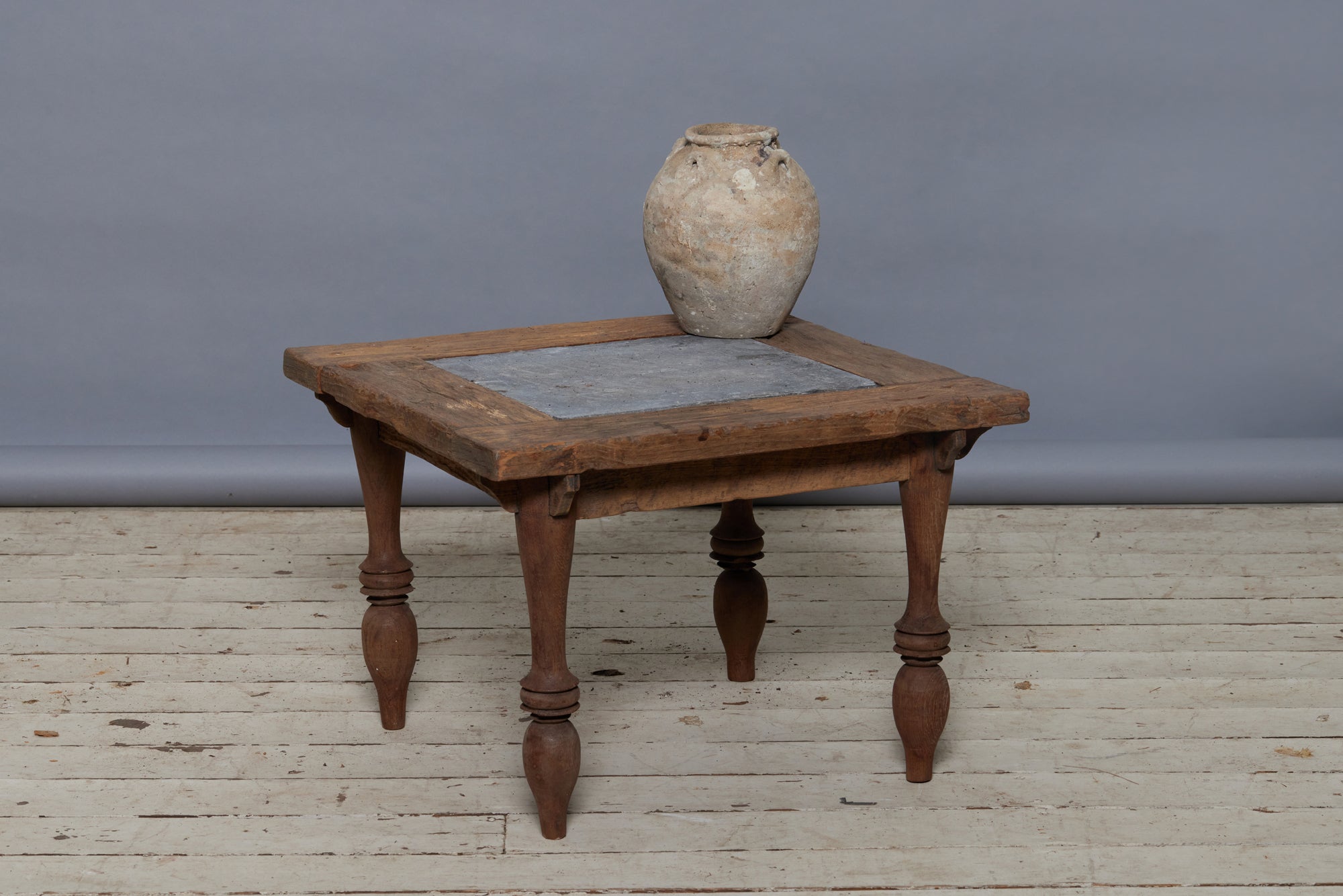 Square Teak Coffee Table with Single Inset Piece of 17th Century Belgian Blue Stone