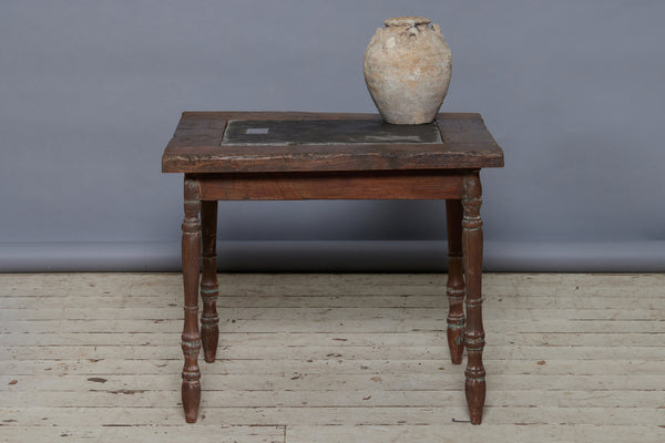 Altered 19th Century Dutch Colonial Teak Table with a Single Piece of 17th Century Belgian Blue Stone Inset on Top