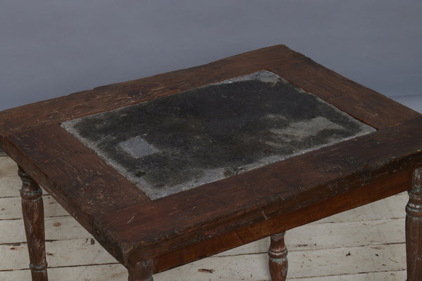 Altered 19th Century Dutch Colonial Teak Table with a Single Piece of 17th Century Belgian Blue Stone Inset on Top