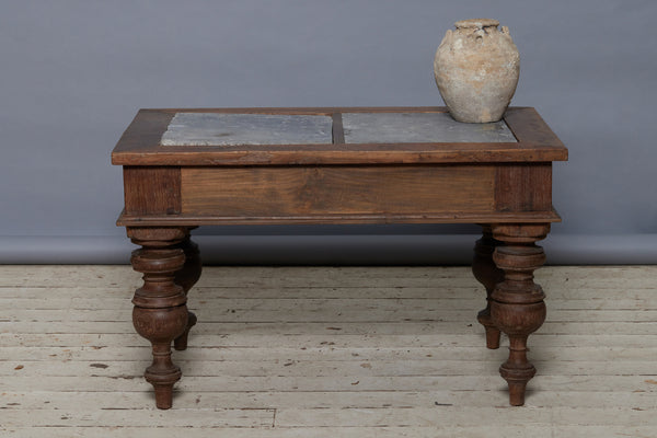 19th Century Dutch Colonial Teak Table with Double 17th Century Belgian Blue Stone Tops