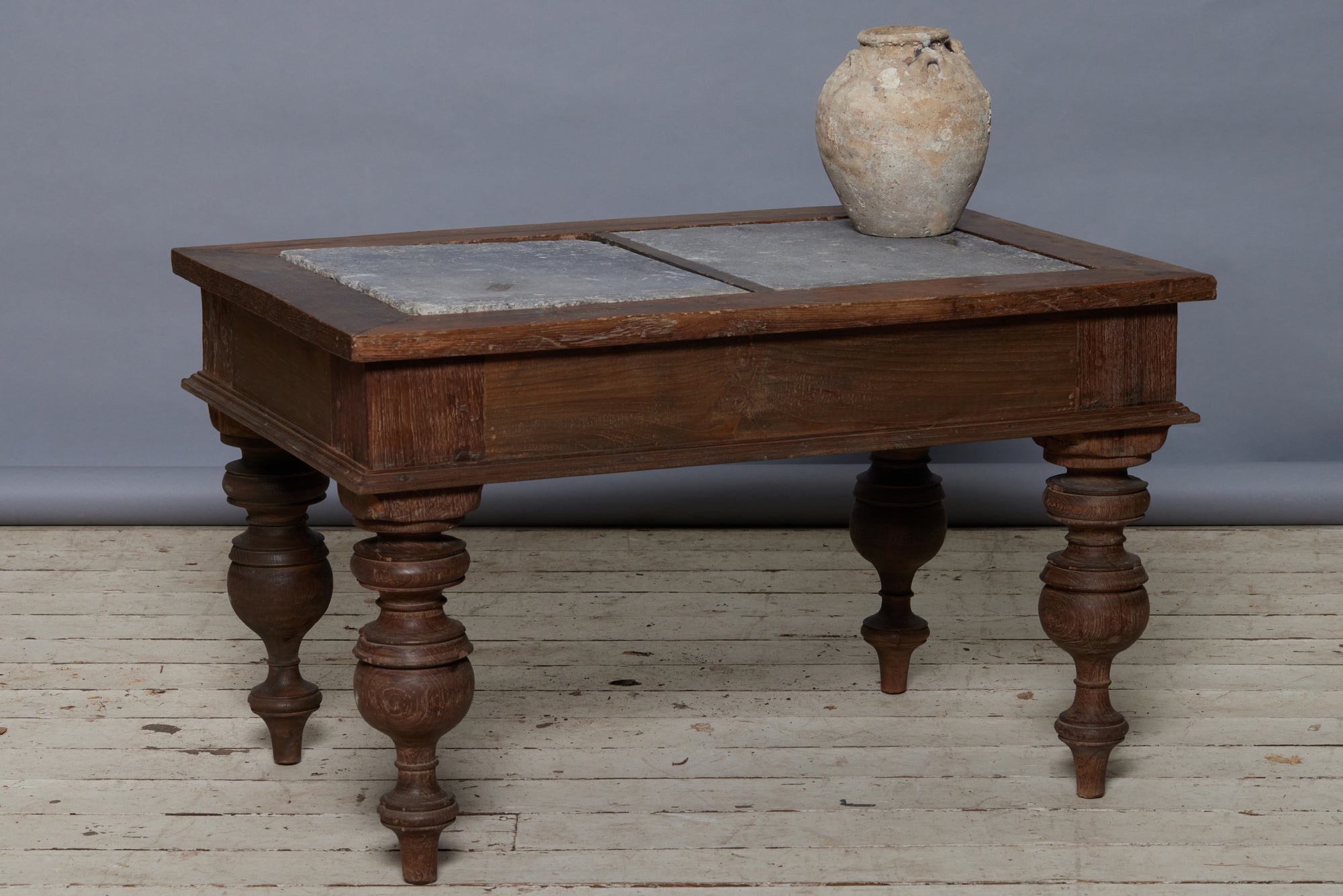 19th Century Dutch Colonial Teak Table with Double 17th Century Belgian Blue Stone Tops