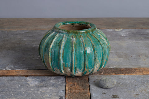 Larger Ribbed 19th Century Green Glaze Pot from Borneo