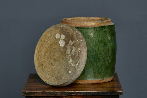 19th Century Covered Green Glaze Borneo Storage Jar