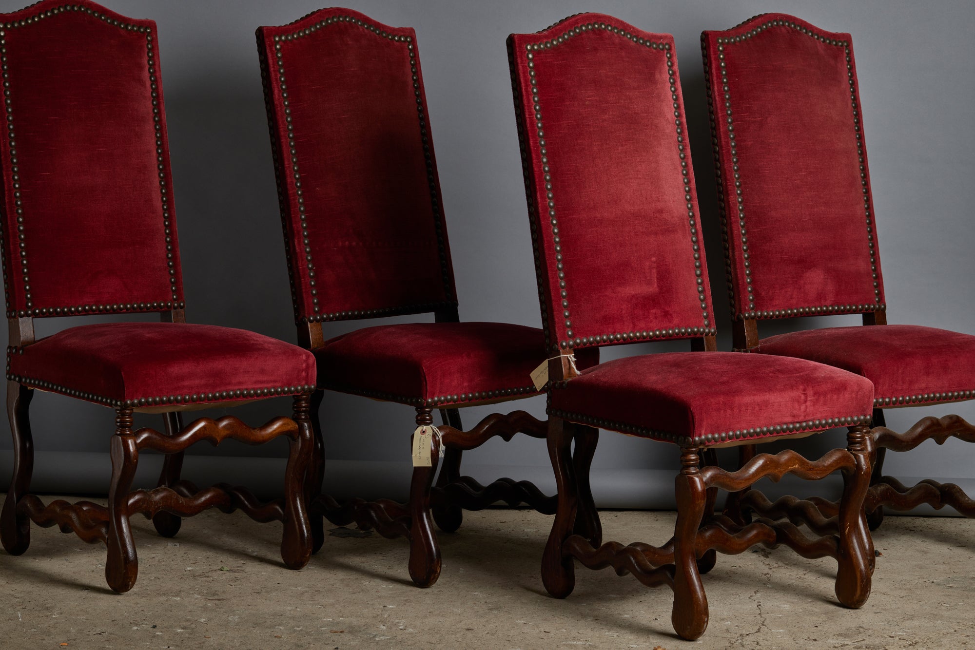 Set of 4 Louis XIV Style Dining Chairs Upholstered in Red Velvet