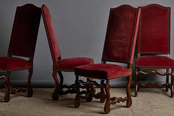 Set of 4 Louis XIV Style Dining Chairs Upholstered in Red Velvet