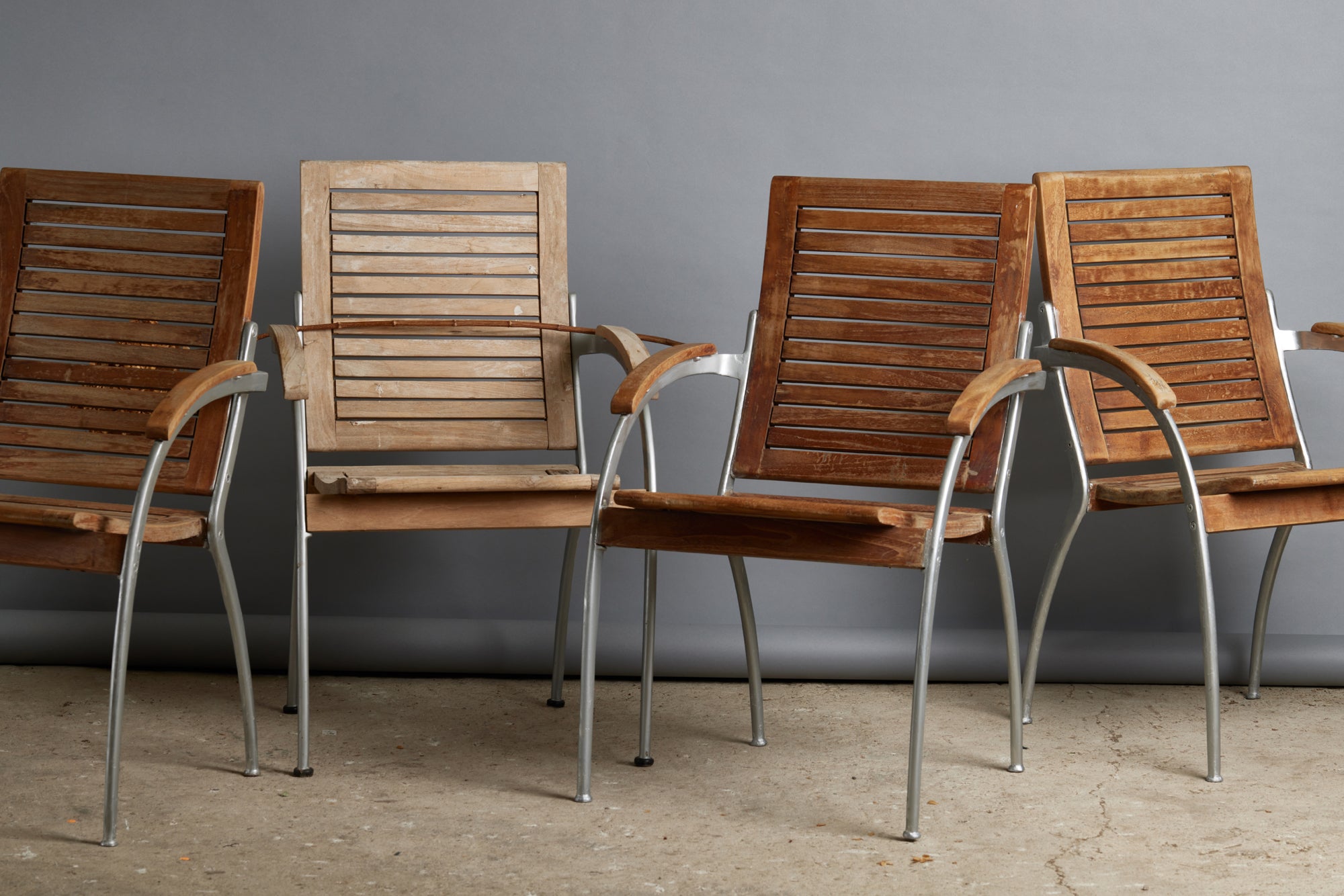 Set of 4 Teak & Aluminum Arm Chairs