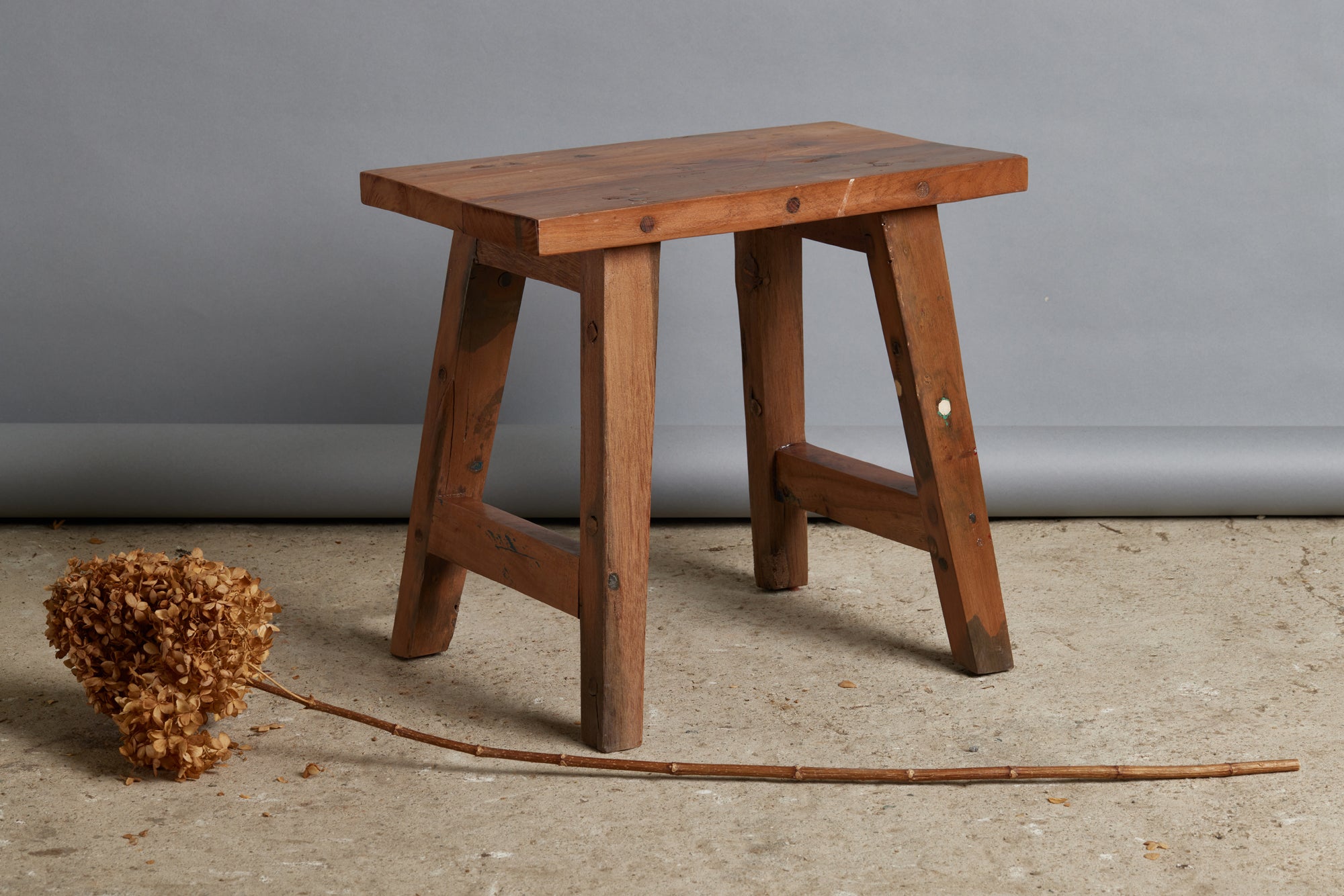 Small Sturdy Teak Stool with Splayed Leg and Rectangular Top