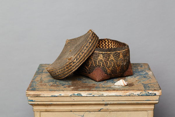 Covered Borneo Offering Basket with Beadwork and Metal Tipped Corners