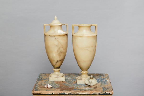 Mid 19th Century Pair of Alabaster Grand Tour Urns with Lids