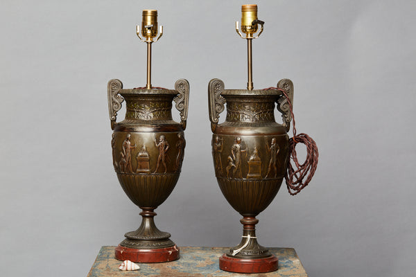 Pair of French Neo Classic Mantle Garnitures with Red Marble Bases made into Lamps