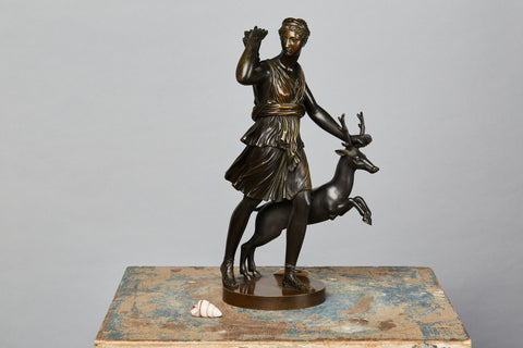 19th Century French Cast Bronze of Artemis with a Stag