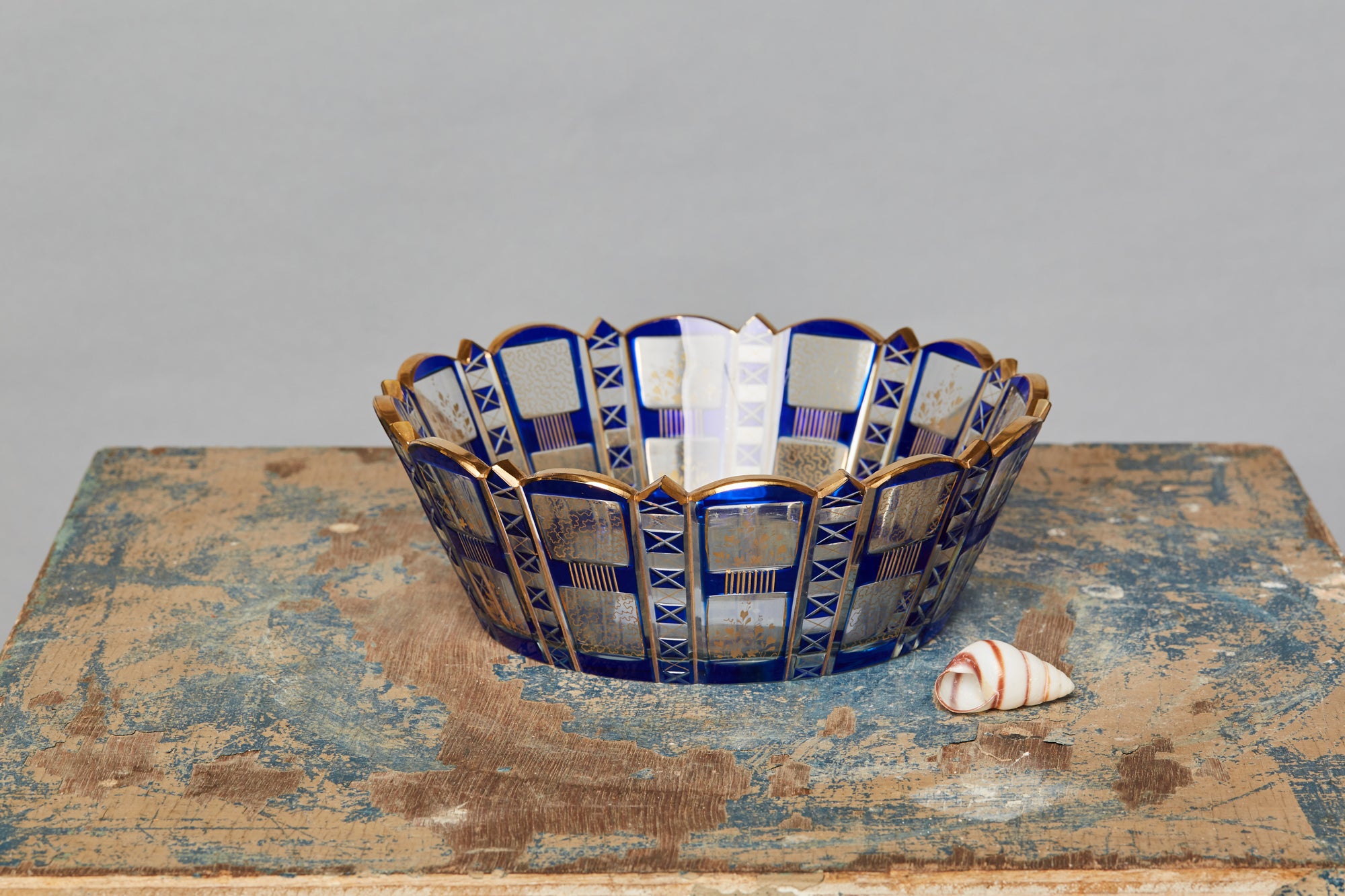 Blue Blown & Cut Bohemian Glass Bowl
