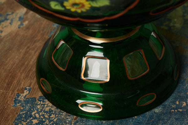 Blown & Cut Glass Green Bohemian Compote