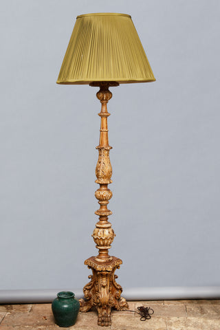 Italian Gilt Floor Lamp with Lion Paw Feet with Green Silk Shade