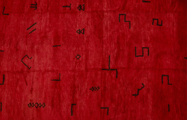 Medium Sized Red Chichaoua Carpet with Random Floating Geometrics  ................... (6' 7'' x 9' 2'')