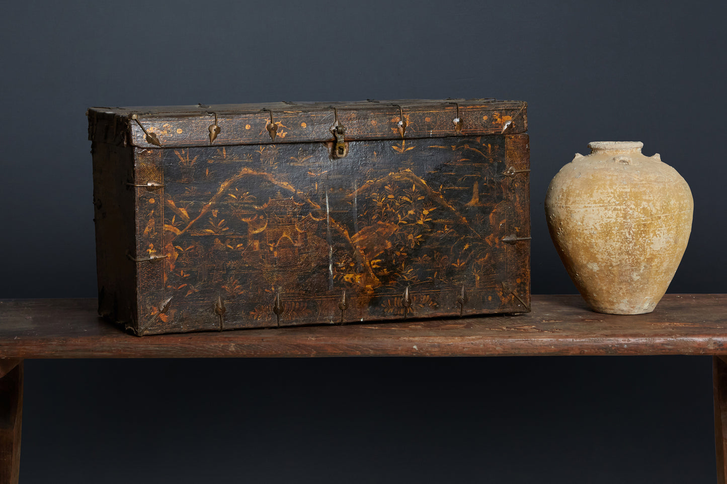 18th Century Tibetan Chest from a Buddhist Monastery with Chinoiserie Decoration