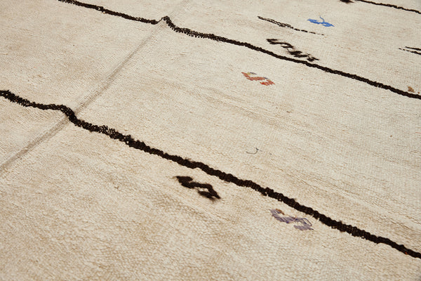 Medium Pale Cream Hemp Carpet with 6 Random Chocolate Stripes & Floating S's in Blue & Camel..............(4' 7" x 9' 9'')