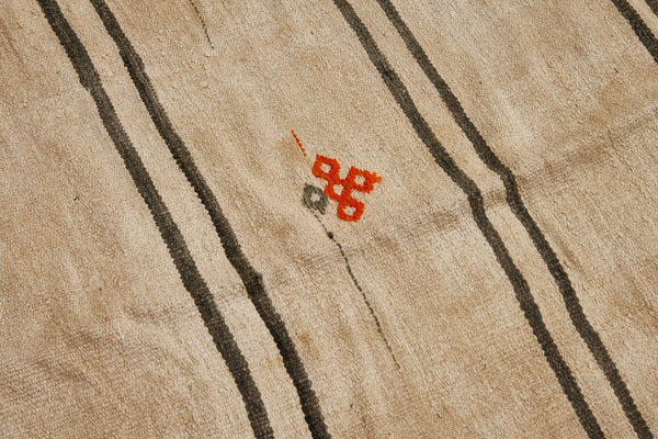 Large Broadly Woven Striped Hemp Carpet with 2 Orange Medallions and an Old Linen Patch.............(5' 6'' x 12' 9'')