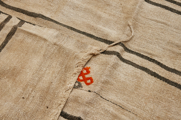 Large Broadly Woven Striped Hemp Carpet with 2 Orange Medallions and an Old Linen Patch.............(5' 6'' x 12' 9'')
