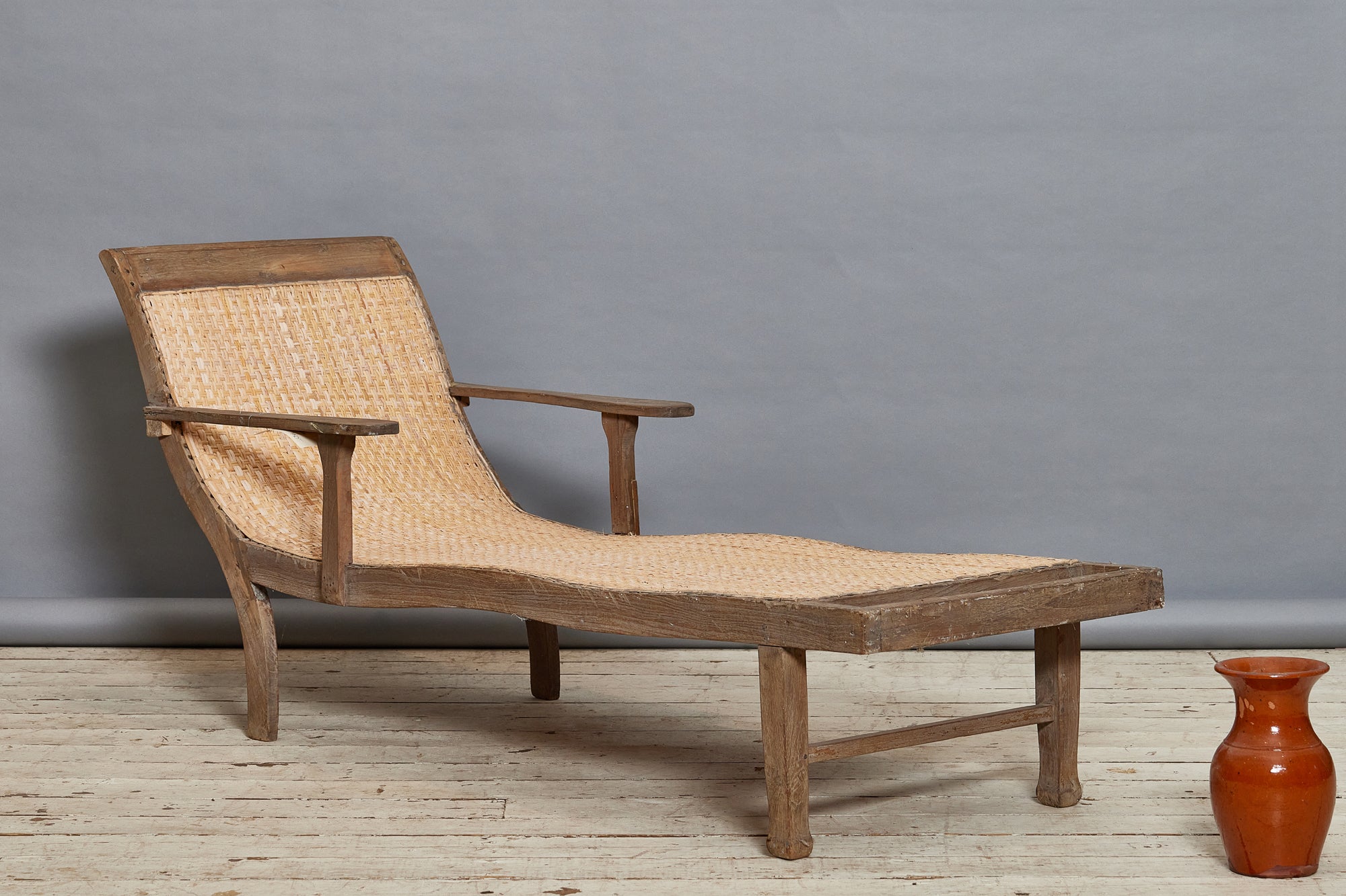 Early Dutch Colonial Teak Chaise with Woven Rattan Seat