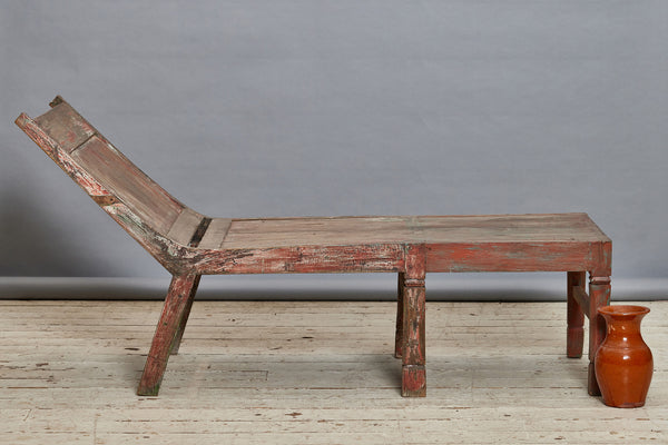 Dutch Colonial Teak Chaise from Sumatra with Traces of Red Paint