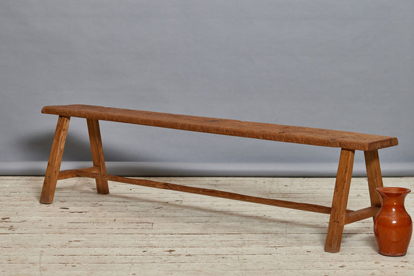 Flat Top Teak Dutch Colonial Bench with Stretcher Base from Java