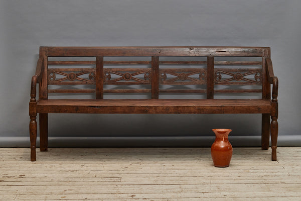 Dutch Colonial Teak Bench from Java with Hashtag Medallions Along the Back
