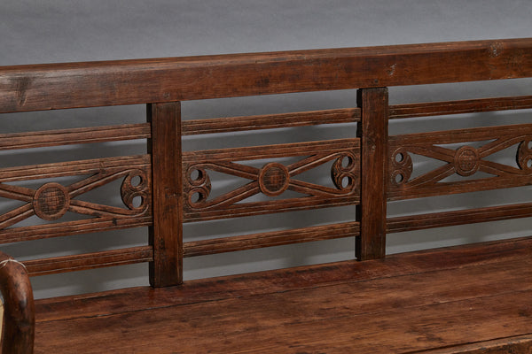 Dutch Colonial Teak Bench from Java with Hashtag Medallions Along the Back