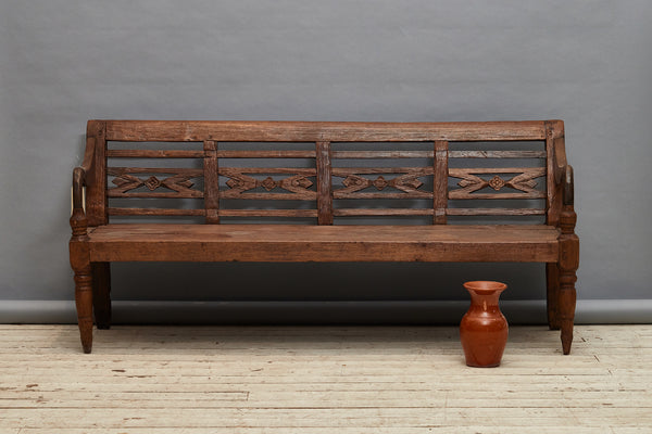 Small Dutch Colonial Teak Bench with Delicate Turned Legs from the Island of Java
